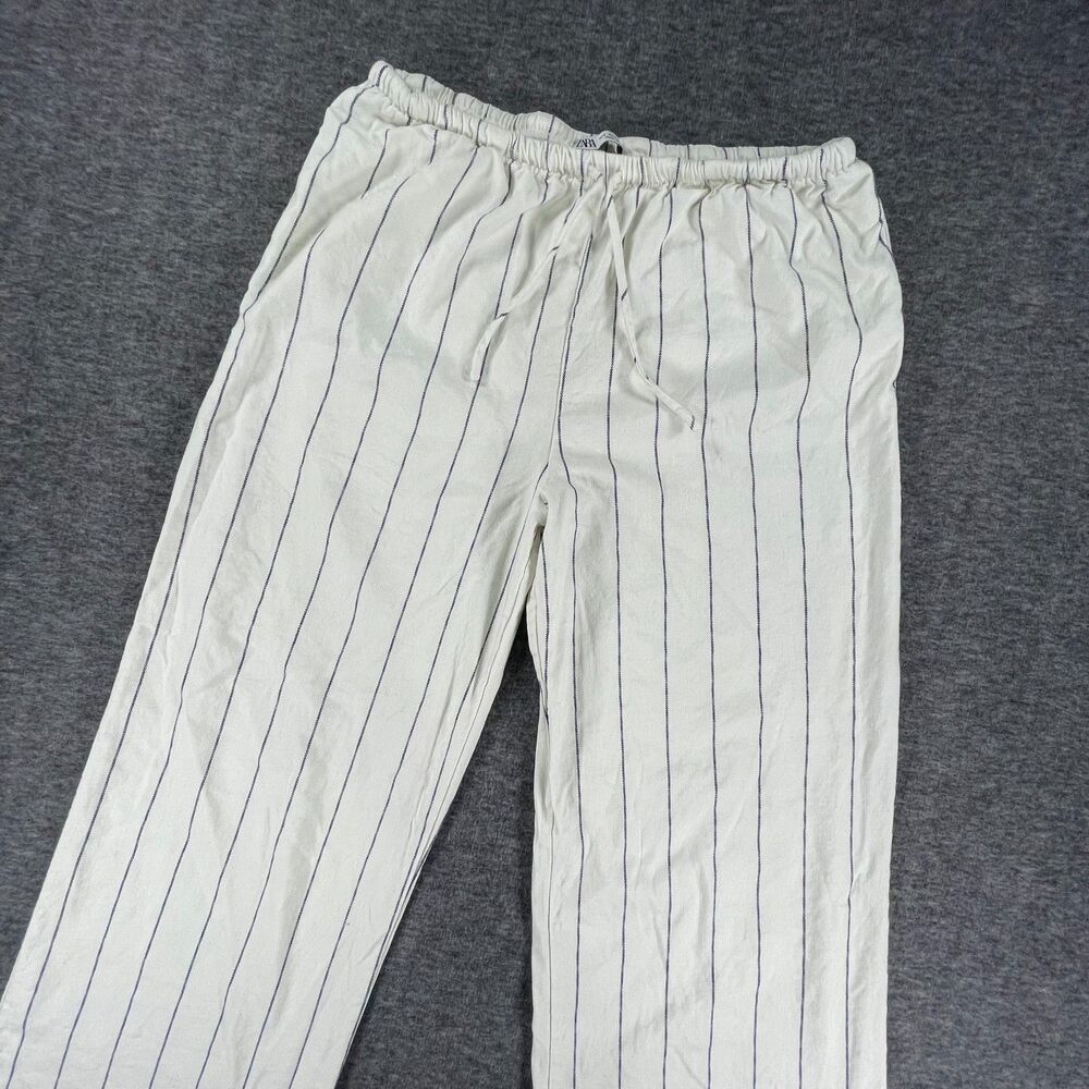 Zara Linen Blend Striped Wide Leg Pants L Pinstripe Pull On Boho Coastal Beach - Picture 2 of 14